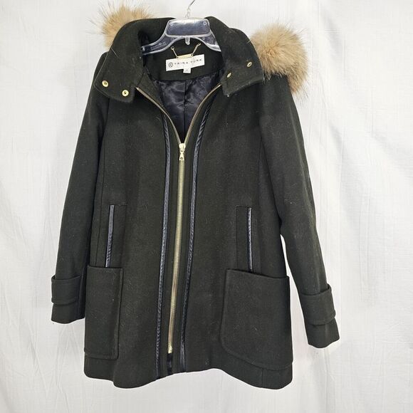TRINA TURK WOMEN’S SIZE 6 OLIVE GREEN WOOL PEACOAT LEATHER TRIMMED ACCENTS - Picture 1 of 8